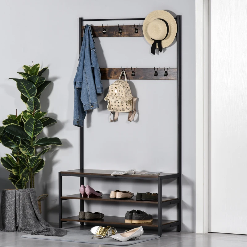 HOMCOM Coat Rack Stand, Free Standing Hall Tree, Coat Stand with Hooks, Bench and Shoe Rack, 100cm x 40cm x 184cm, Industrial Style, Rustic Brown and Black