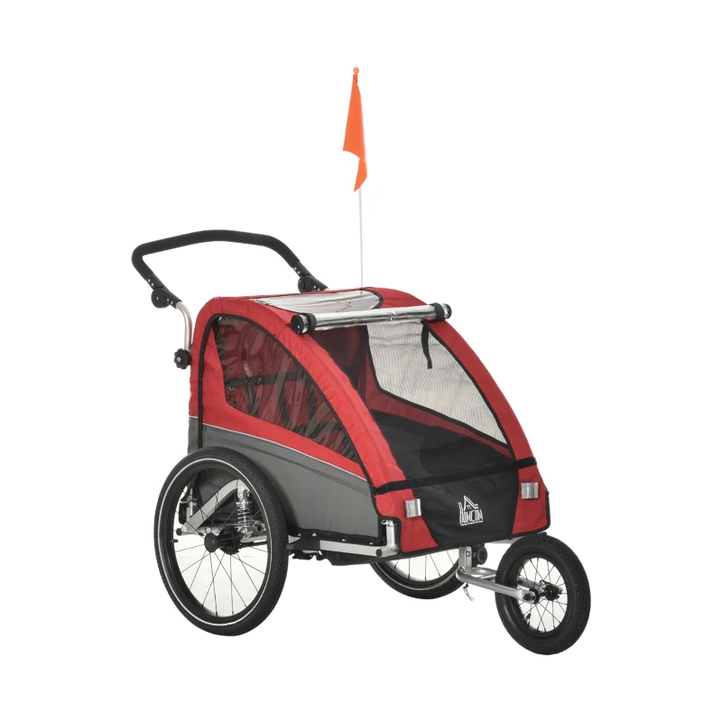 HOMCOM Child Bike Trailer 3 In1 Foldable Jogger Stroller 2-Seater Baby Stroller Transport Carrier with Shock Absorber System Adjustable Handlebar Storage Bag Red