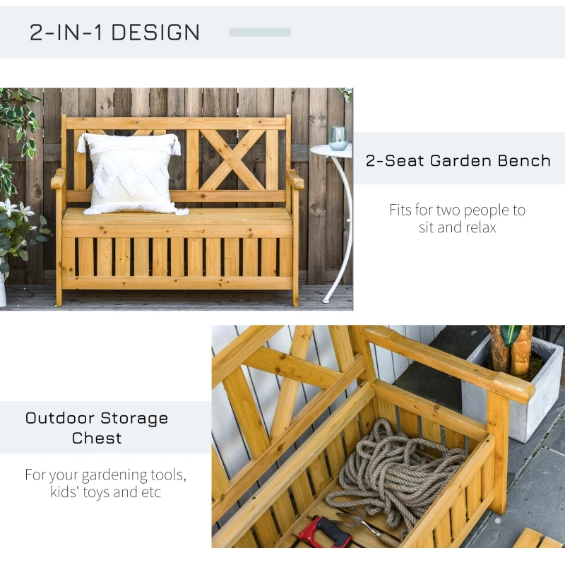 Outsunny Wood Garden Bench 2 Seater Storage Chest Patio Seating with High Back and Armrest