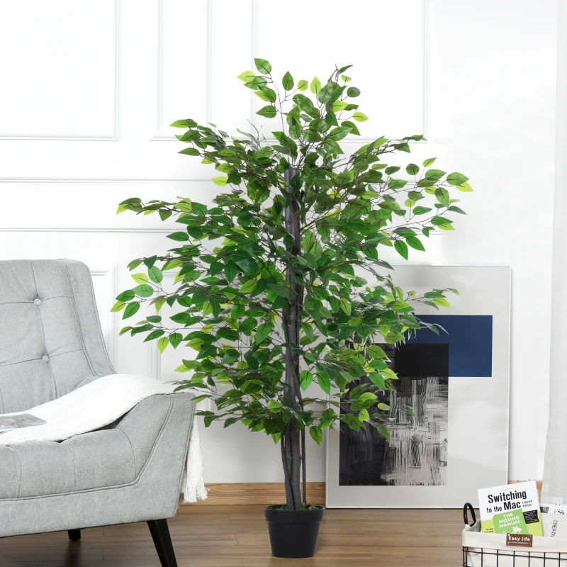 Outsunny 145cm Artificial Banyan Plant Faux Decorative Tree w/ Cement Pot Vibrant Greenery Shrubbery Indoor Outdoor Business Accessory