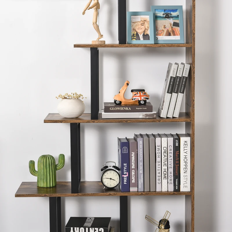 HOMCOM Industrial Style Wooden 5-Tier Ladder Bookcase Indoor Corner Shelf  for Livingroom, Office - Rusty Brown