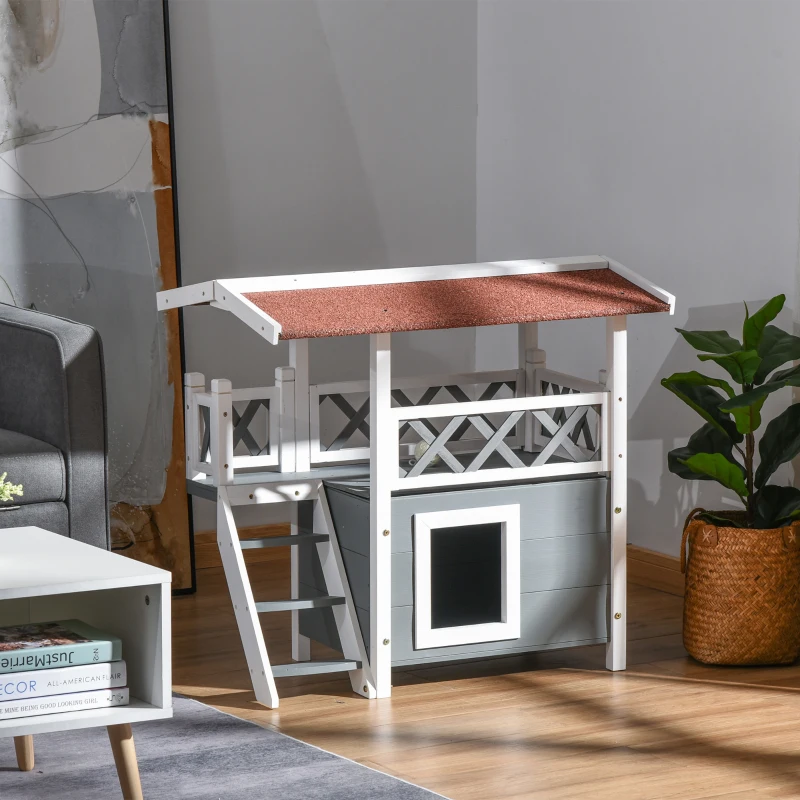 PawHut Wooden Cat House Outdoor Luxury Room Weatherproof Shelter White