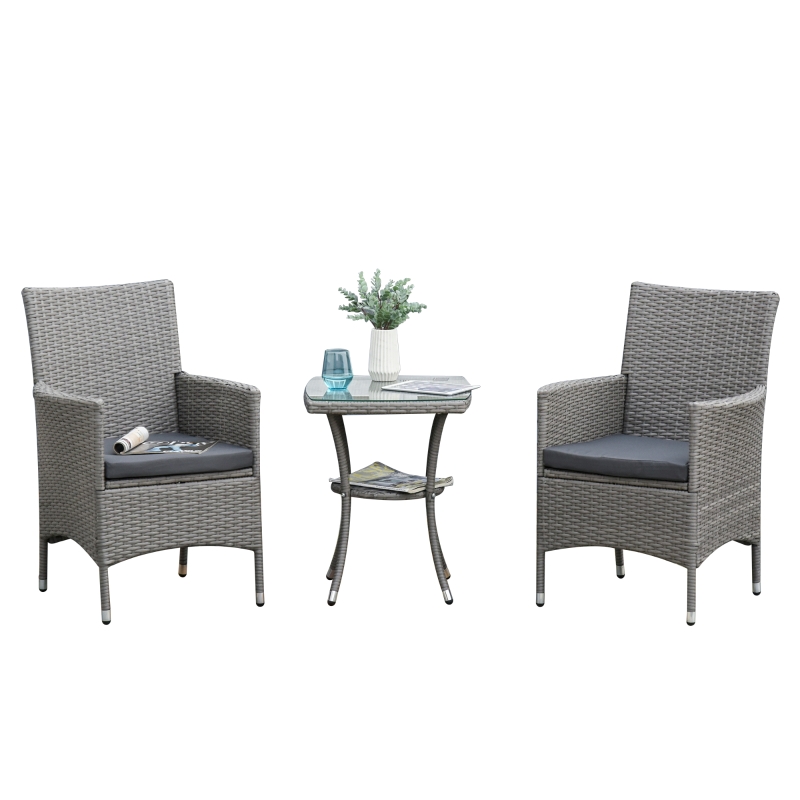 Outsunny 3PC Rattan Bistro Set 2 Armchair Glass Top Coffee Table Wicker Weave Furniture for Garden Outdoor Balcony Patio