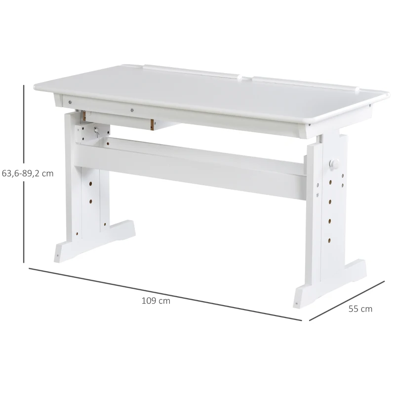 HOMCOM Adjustable Height Study Desk for Students Computer Desk, Home Learning Center Desk with Tilting Desktop and Storage Drawer, White