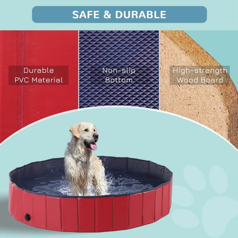 PawHut Foldable Dog Paddling Pool Pet Cat Swimming Pool Indoor/Outdoor Collapsible Summer Bathing Tub Shower Tub Puppy Washer (Φ160 × 30H cm, Red)