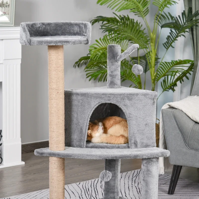PawHut Cat Tree Condo Tower Multi-level Height 112cm Kittens Activity Stand House with Toys & Various Scratching Posts