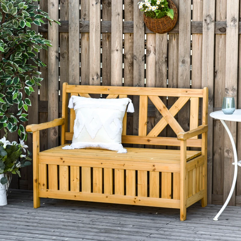 Outsunny Wood Garden Bench 2 Seater Storage Chest Patio Seating with High Back and Armrest