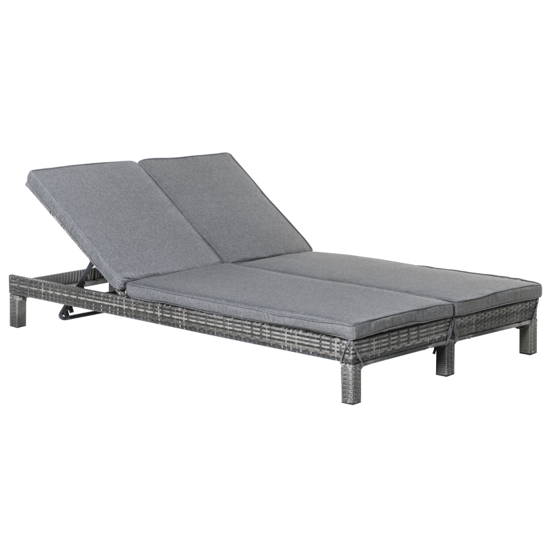 Outsunny 2 Person Rattan Wicker Adjustable Chaise Lounge Chair with Cushions Grey