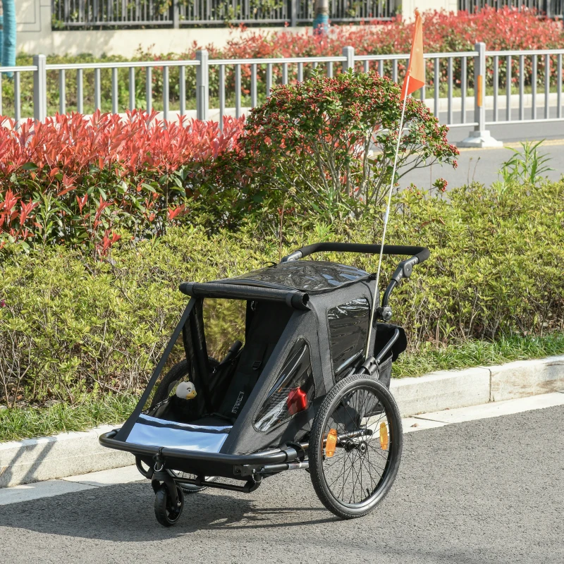 HOMCOM Child Bike Trailer 2 In1 Foldable Baby Stroller 2-Seater Transport Carrier with Adjustable Handlebar Storage Bag Reflector Flag Black