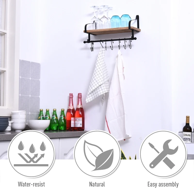 HOMCOM 21x48cm On-Wall Shelf & Rail 8 Hook Unit Metal Frame Wood Board Storage Display Organisation Home Bedroom Hallway Furniture Water-Resistant Natural Finish