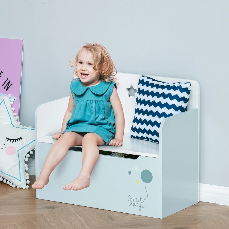 HOMCOM Kids Wooden Toy Storage Box Organizer Chest Chair 2 in 1 Design with Gas Stay Bar Seating Bench 23.5" x 11.75" x 19.75" Light Blue