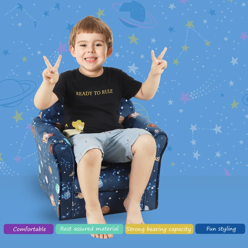 HOMCOM Children Kids Mini Sofa Armchair Polyester Blue Universe Planet Non-Slip Feet Bedroom Playroom Seating Chair