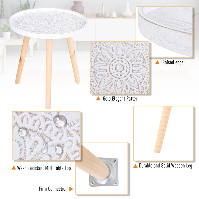 HOMCOM Flower Eteched Side Table w/ Saucer Top Wood Legs Living Room Bedroom  Furniture Coffee End Table Display Decoration Elegant - White