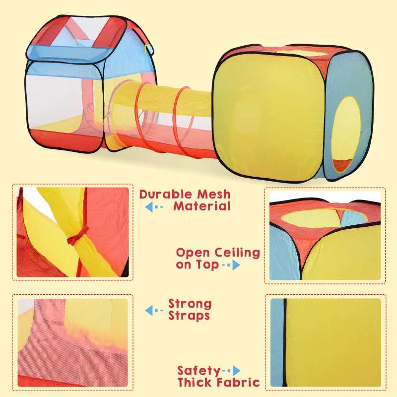 HOMCOM 3 in 1 Pop Up House Tent Play Tunnel Set Toddlers Crawl Tunnel Kids Playhouse Indoor Outdoor Garden Use Multicolor 230 x 70 x 89 cm