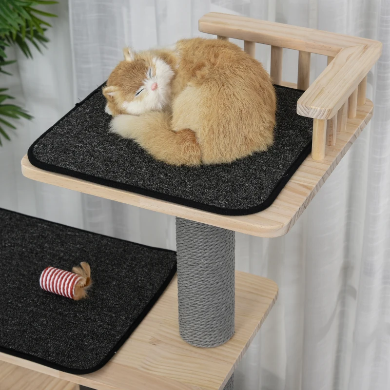 PawHut 148cm Luxury Pine Wood Cat Tree Activity Center with Sisal Scratching Posts Board Perches Roomy Condo Carpet Cushion Rotating Runner, Natural