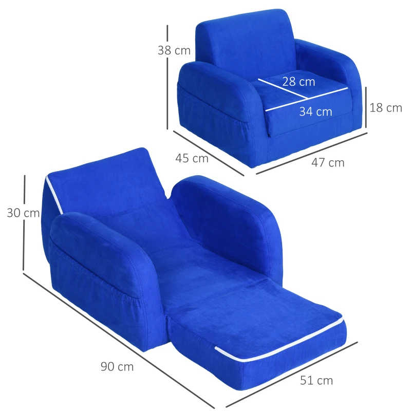 HOMCOM 2 In 1 Kids Children Sofa Chair Bed Folding Couch Soft Flannel Foam Toddler Furniture for Playroom Bedroom Living Room Blue