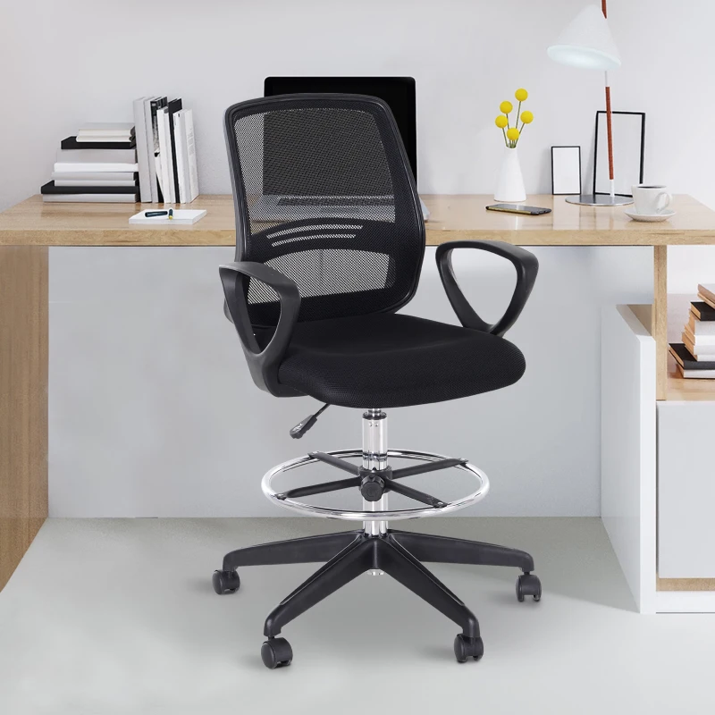 Vinsetto Drafting Chair, Draughtsman Chair, Mesh Tall Office Chair with Adjustable Height, Foot Ring, Swivel Wheels