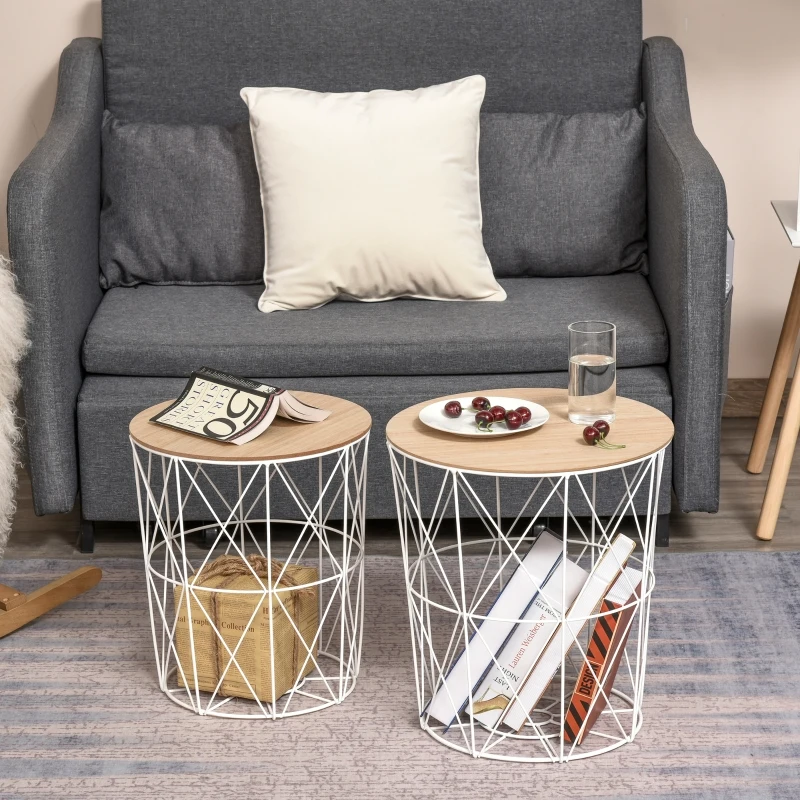 HOMCOM Set of 2 Metal Wire Side Coffee Table Sofa End Round Lift Top Storage Basket