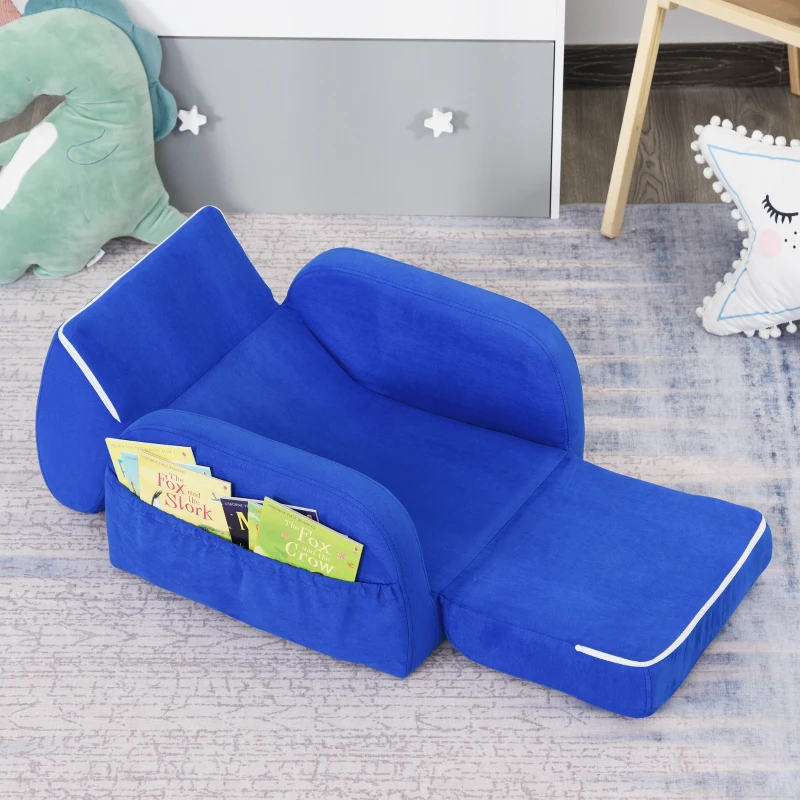HOMCOM 2 In 1 Kids Children Sofa Chair Bed Folding Couch Soft Flannel Foam Toddler Furniture for Playroom Bedroom Living Room Blue