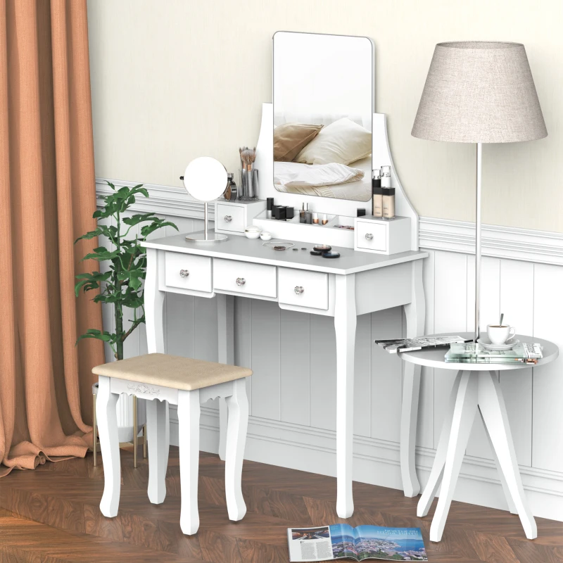 HOMCOM Dressing Table Set with 360° Spin Mirror and Cushioned Stool, Makeup Vanity Dresser Desk with 5 Drawers for Bedroom, White