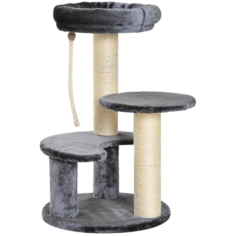 PawHut 65cm Cat Tree, Cat Tower for Kittens, Small Cat Condo with Sisal Scratching Posts, Hanging Rope, Perches - Grey