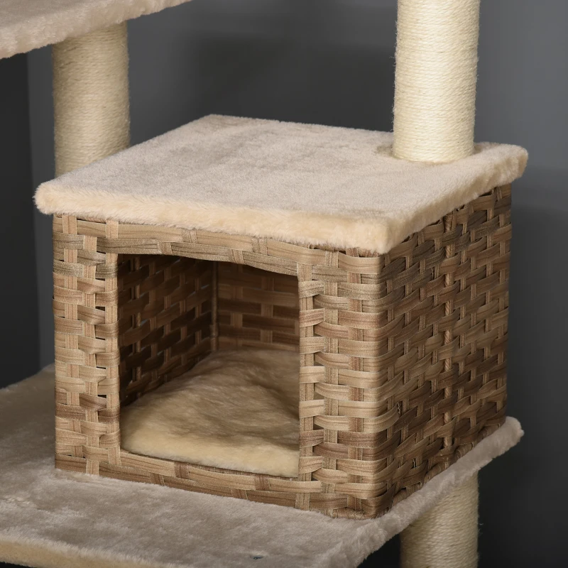 PawHut Cat tree Tower 174cm Climbing Activity Center Kitten with Sisal Scratching Post Condo Perch Hanging Balls Toy Cushion PE Rattan