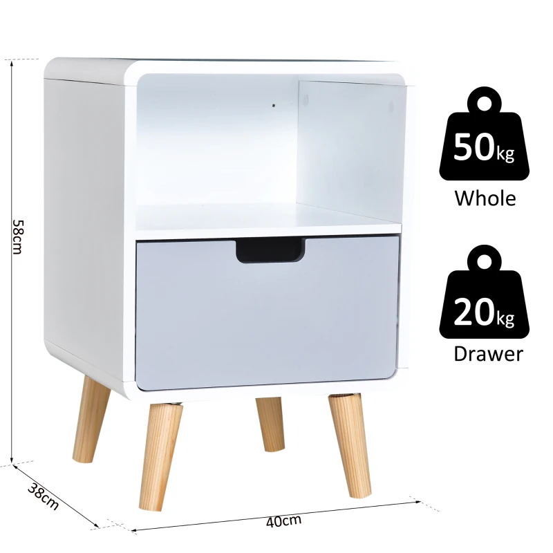 HOMCOM White Modern Nightstand With Drawer Wood Lamp Desk Storage Unit Bedroom Scandinavian Nordic Style