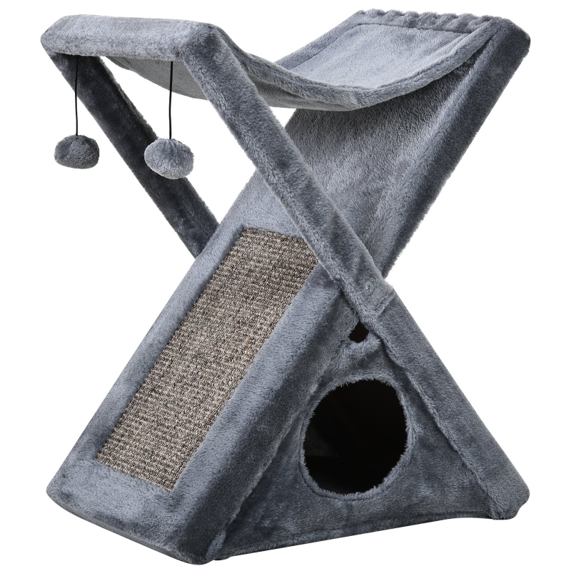 PawHut Two Tier Cat Tree Play Rest Activity Tower Plush Folding Relax Center w/ Scratching Post Hammock Pom Poms Grey