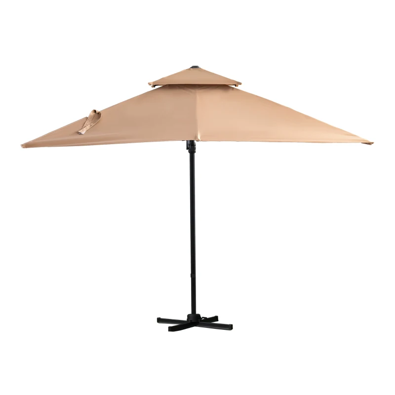 Outsunny 3x3m 360° Rotating Cantilever Umbrella Double-top Canopy Parasol w/ 6 Adjustable Angle All-aluminum Structure for Patio Khaki