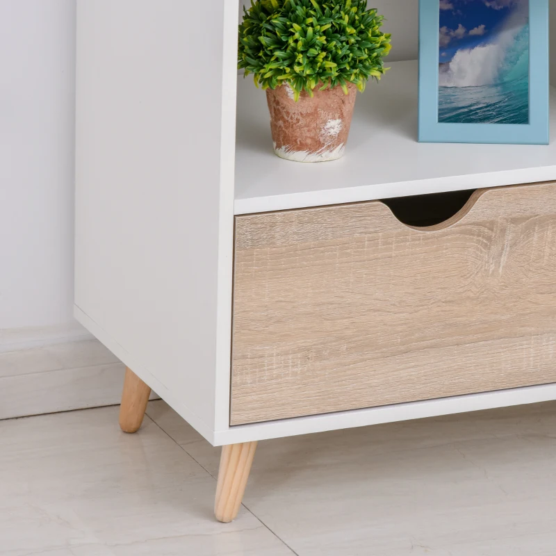 HOMCOM TV Stand with Shelf & Drawers Storage Cabinet Media Entertainment Center Modern White and Natural Wood Color