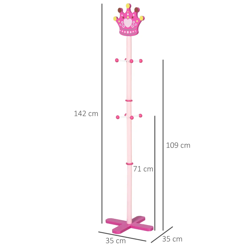 HOMCOM Qaba/HOMCOM Kid’s Coat Rack Free Standing Wooden Tree Hanger with Crown Modeling Design 8 Hooks for Scarves Hats Clothes Bracelets Bags Gift for Toddler Girl Pink