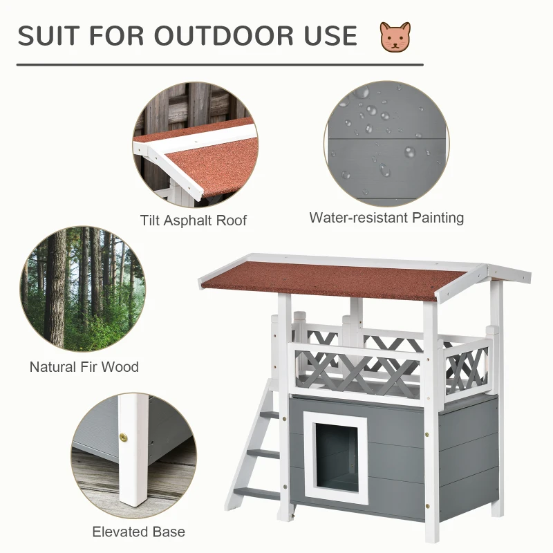PawHut Wooden Cat House Outdoor Luxury Room Weatherproof Shelter White