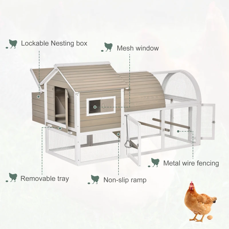 PawHut Wooden Chicken Coop Outdoor Hen House Poultry Cage with Removable Tray Nesting Box Backyard, 167.5 x 109 x 100cm, Grey