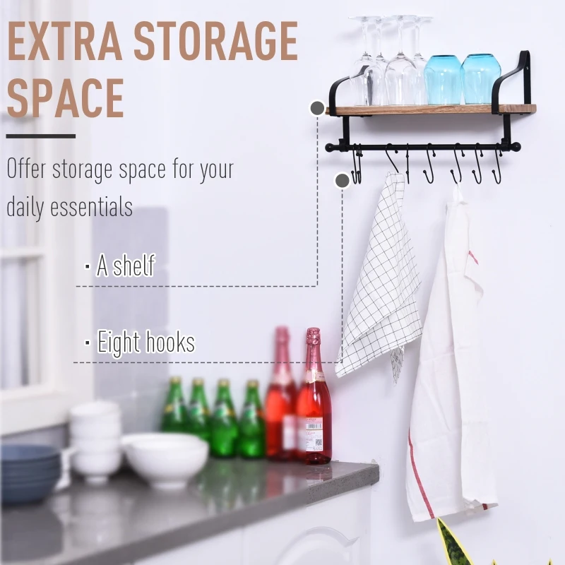HOMCOM 21x48cm On-Wall Shelf & Rail 8 Hook Unit Metal Frame Wood Board Storage Display Organisation Home Bedroom Hallway Furniture Water-Resistant Natural Finish