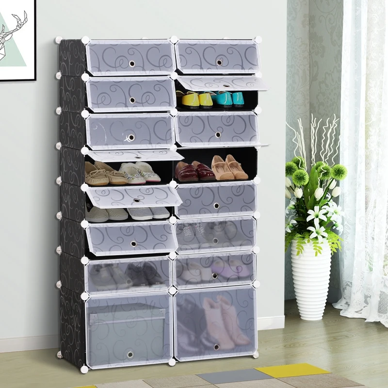 HOMCOM Large 16-Cube DIY Shoes Rack Portable Interlocking Plastic Cabinet 8 Tier Footwear Organiser Bedroom 32 Pairs