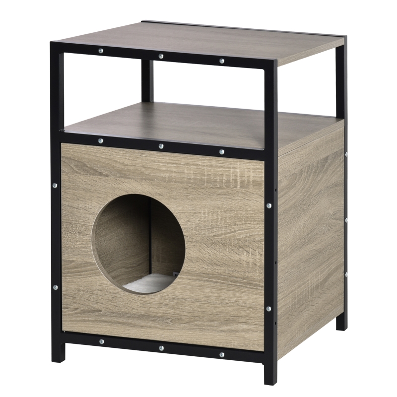PawHut Wooden Cat House Kitty Shelter Bed with Cushion Cat litter box End Table Hideaway Cabinet with Storage Grey 48 cm x 40 cm x 64.5 cm
