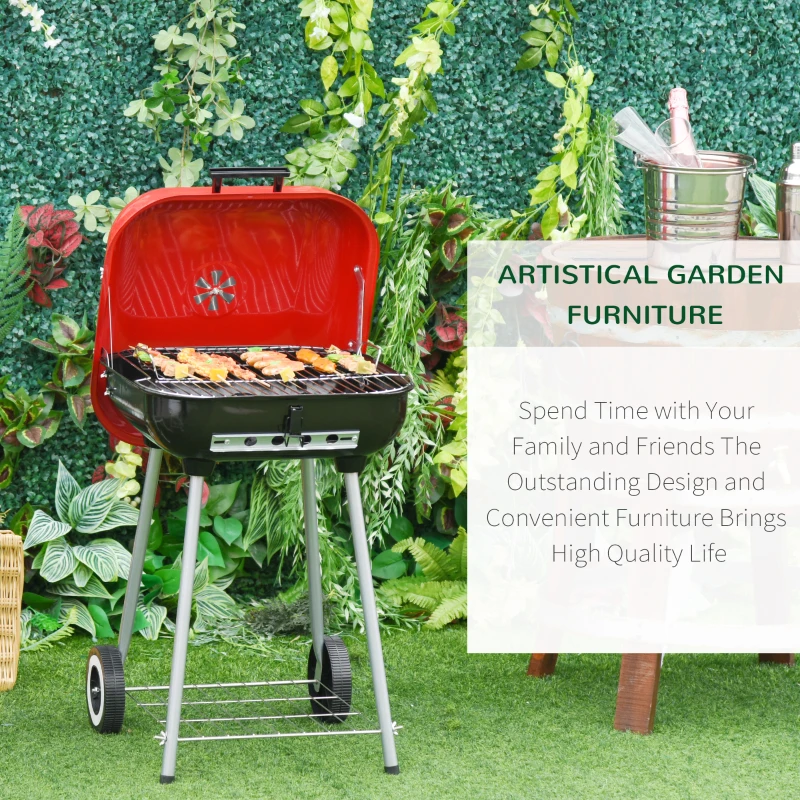Outsunny Charcoal Trolley BBQ Garden Outdoor Barbecue Cooking Grill Powder Wheel New Red