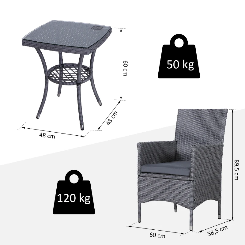 Outsunny 3PC Rattan Bistro Set 2 Armchair Glass Top Coffee Table Wicker Weave Furniture for Garden Outdoor Balcony Patio