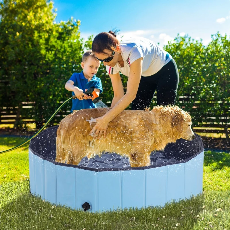 PawHut Foldable Dog Paddling Pool Pet Cat Swimming Pool Indoor/Outdoor Collapsible Summer Bathing Tub Shower Tub Puppy Washer (Φ120 × 30H cm, Blue)