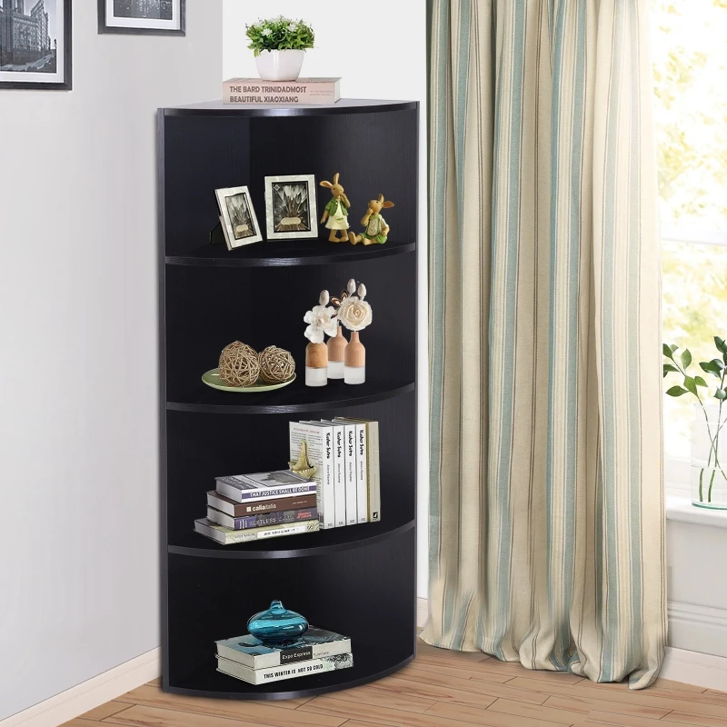 HOMCOM 4 Tier Wood Corner Shelf  Unit Freestanding Fan Bookshelf Plants Stand Black