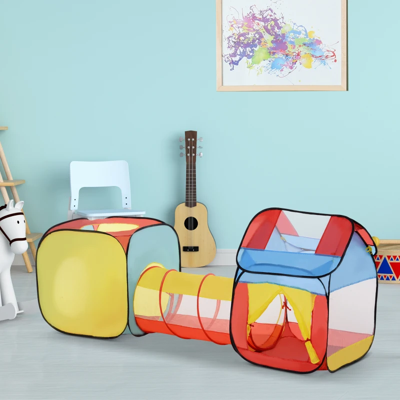 HOMCOM 3 in 1 Pop Up House Tent Play Tunnel Set Toddlers Crawl Tunnel Kids Playhouse Indoor Outdoor Garden Use Multicolor 230 x 70 x 89 cm