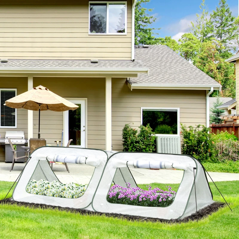 Outsunny Pop Up Mini Greenhouse with Roll Up Doors & Portable Zipper Bag for Plants Outdoor, PE Cover, 240 x 120 x 75cm