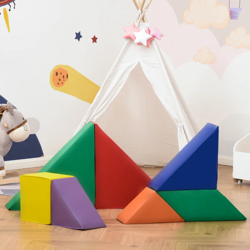HOMCOM 7 Piece Kids Soft Foam Puzzle Play Set Interlocking Toddler Learning Blocks Comfortable Safe Floor Indoor Outdoor Active Play Structure
