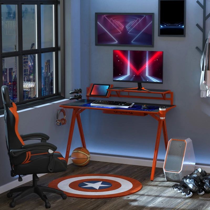 HOMCOM Gaming Desk Computer Table Gamer Workstation with Monitor Shelf, Gamepad Rack, Cup Holder, Headphone Hook, Cable Basket, Black Red