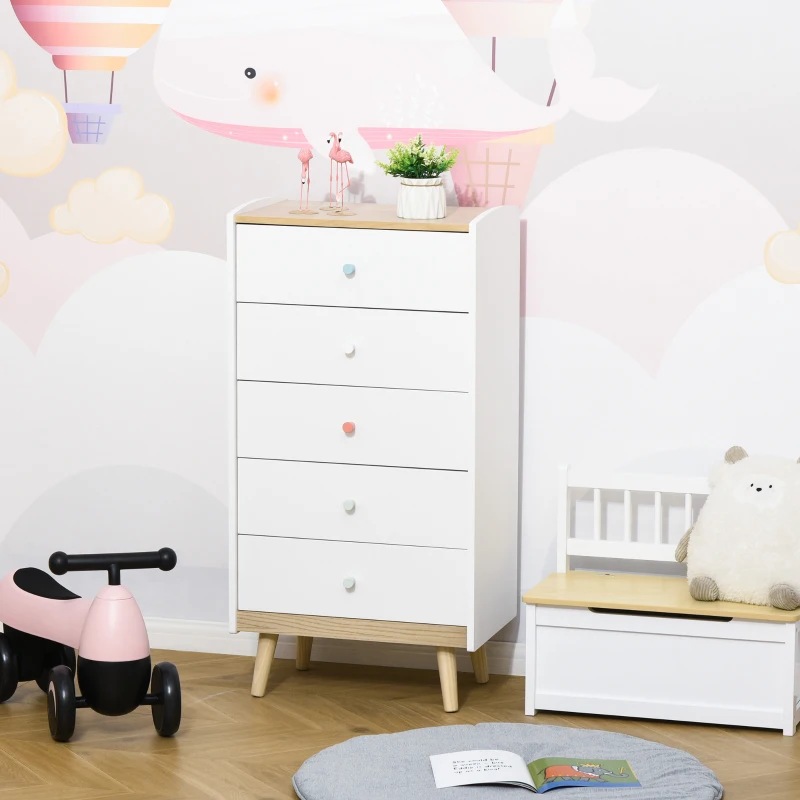 HOMCOM Kids Chest of Drawers Wardrobe Storage Tower Organizer Closet with 5 Drawers Solid Wood Handles Anti-toppling Device for Bedroom 55 x 36 x 108cm White