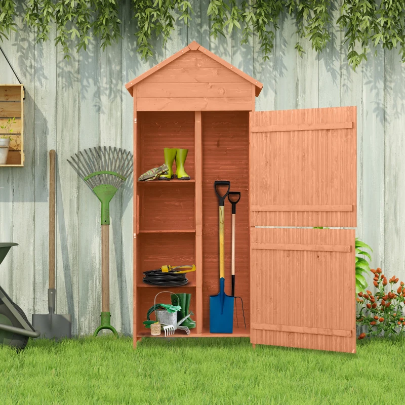 Outsunny 89 x 50cm 4-Tier Wooden Garden Storage Shed 3 Shelves Utility Gardener Cabinet Lockable Double Doors Tool Kit Storage - Natural