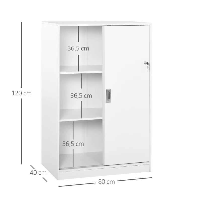 HOMCOM File Cabinet Office Storage Cupboard 2 Sliding Door 3 Shelves Locking Bookcase Shelving Unit 80x40x120cm-White