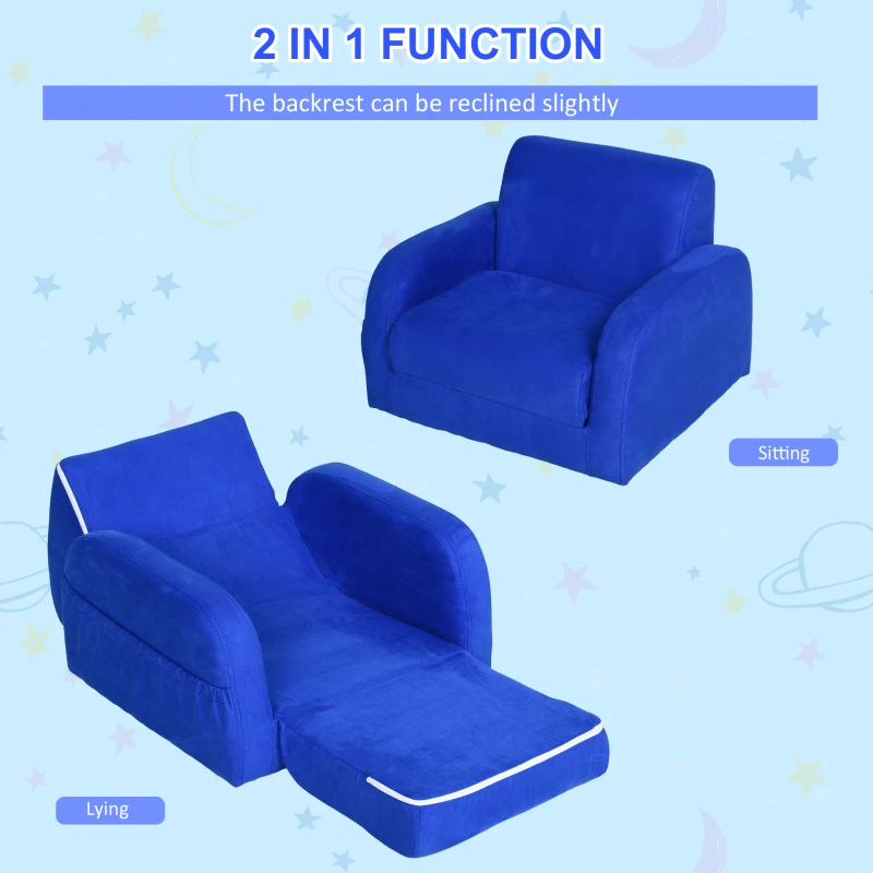 HOMCOM 2 In 1 Kids Children Sofa Chair Bed Folding Couch Soft Flannel Foam Toddler Furniture for Playroom Bedroom Living Room Blue
