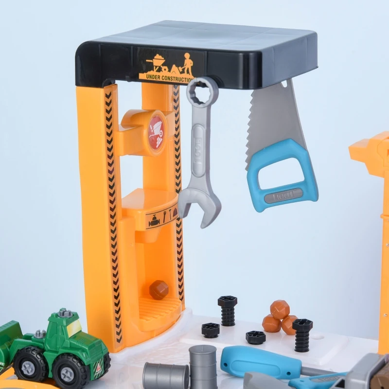 HOMCOM Qaba 54 PCS Tool Workshop Kids Tool Set Workbench and Construction Toy for 3+ Year Old With Slide Real Working Crane Fixture Table Portable Pretend Play
