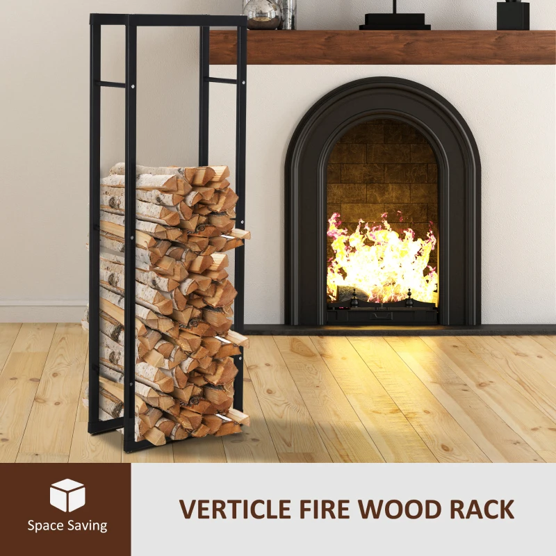 HOMCOM Metal Firewood Log Holder Tall Firewood Rack Indoor Outdoor Fireplace Wood Storage Shelf with Side Rails, Rust-Resistant, Black, 40W x 25D x 100H cm